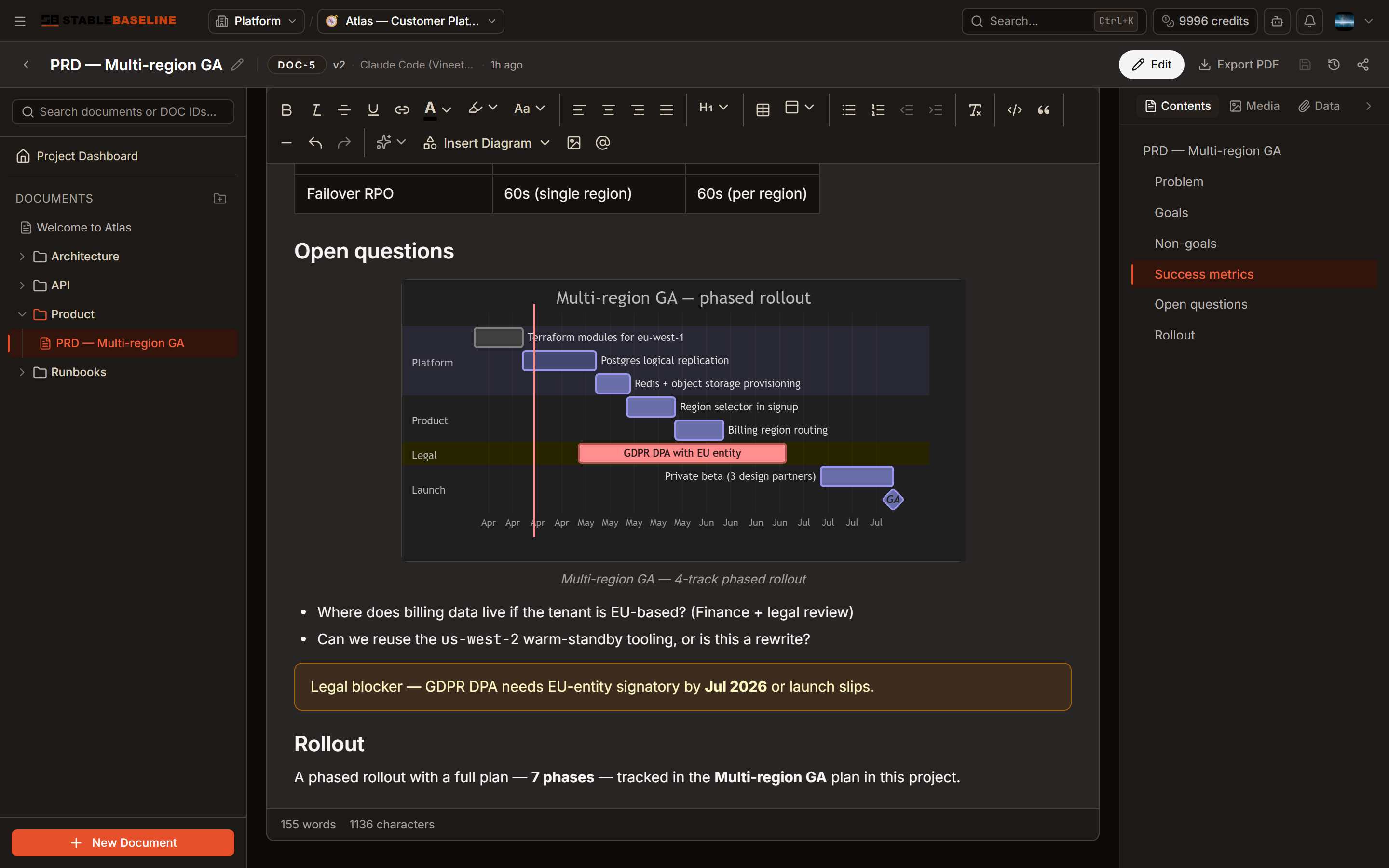 A PRD with an embedded Gantt chart of a phased rollout