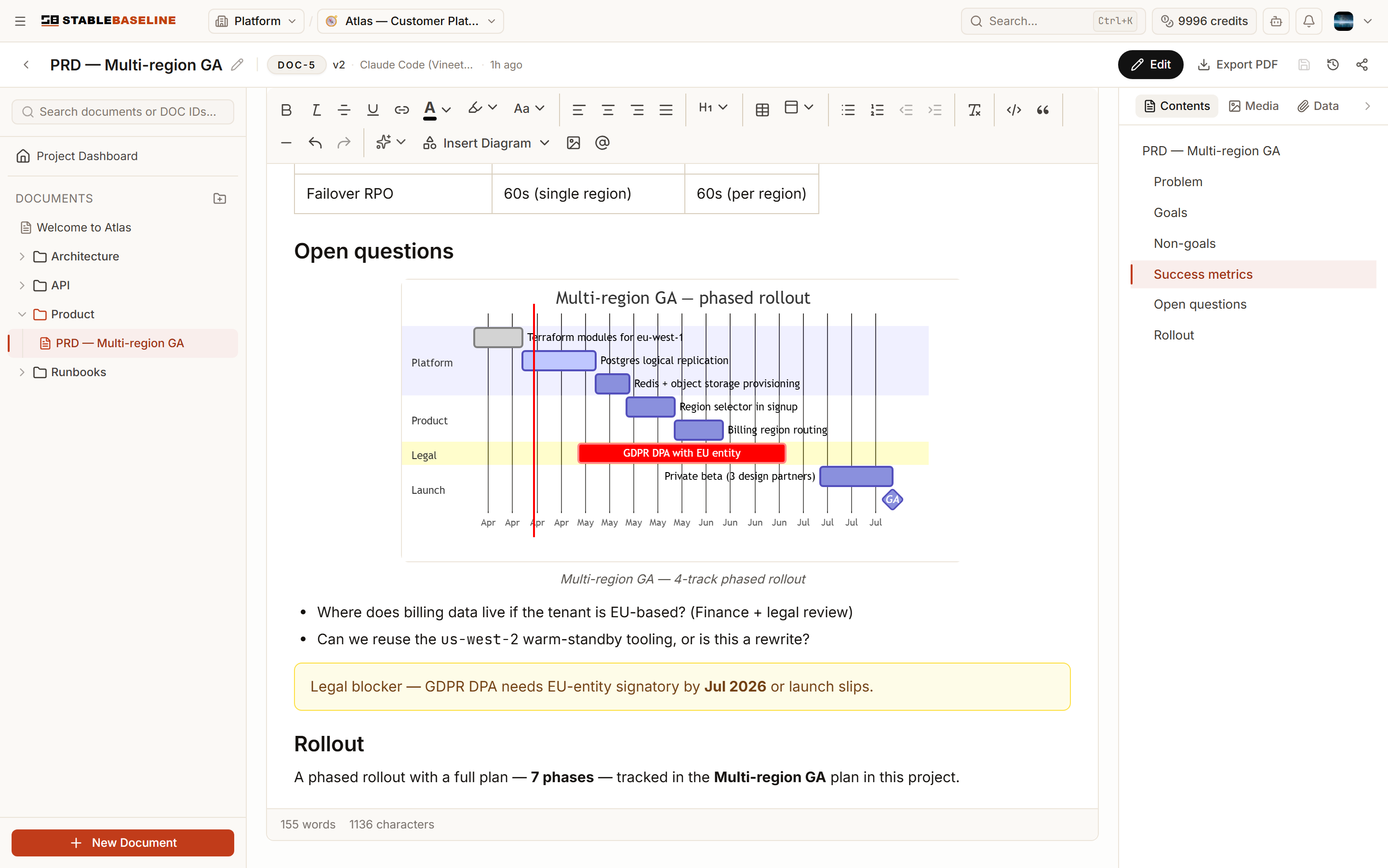 A PRD with an embedded Gantt chart of a phased rollout