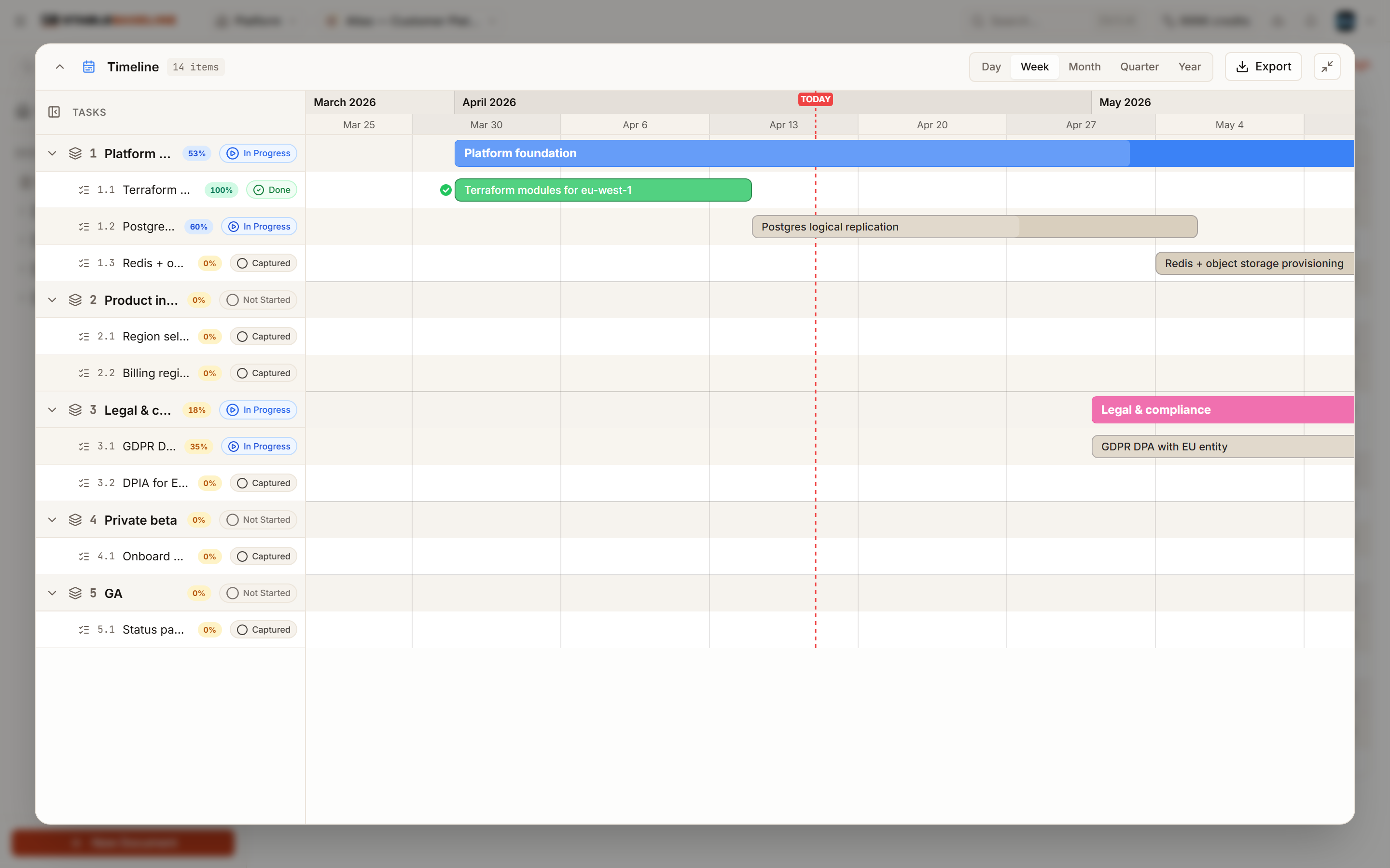 Plan timeline expanded to fullscreen showing all phases and tasks