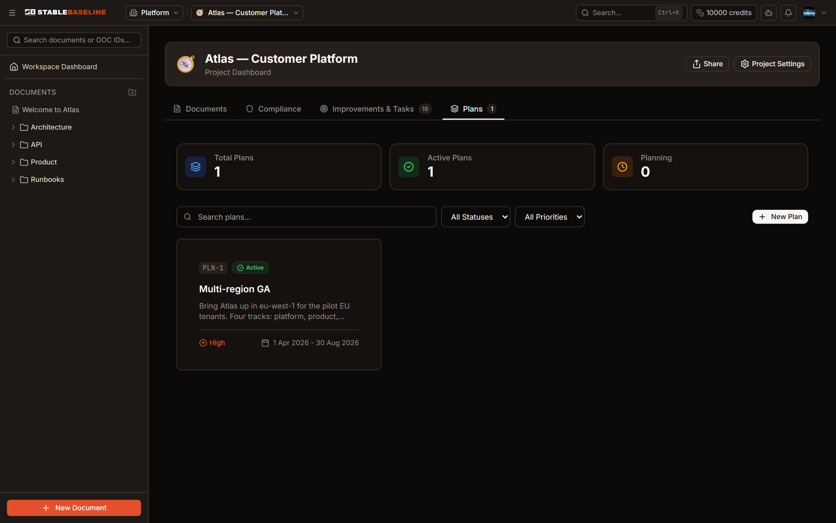 Plans tab listing active plans for a project