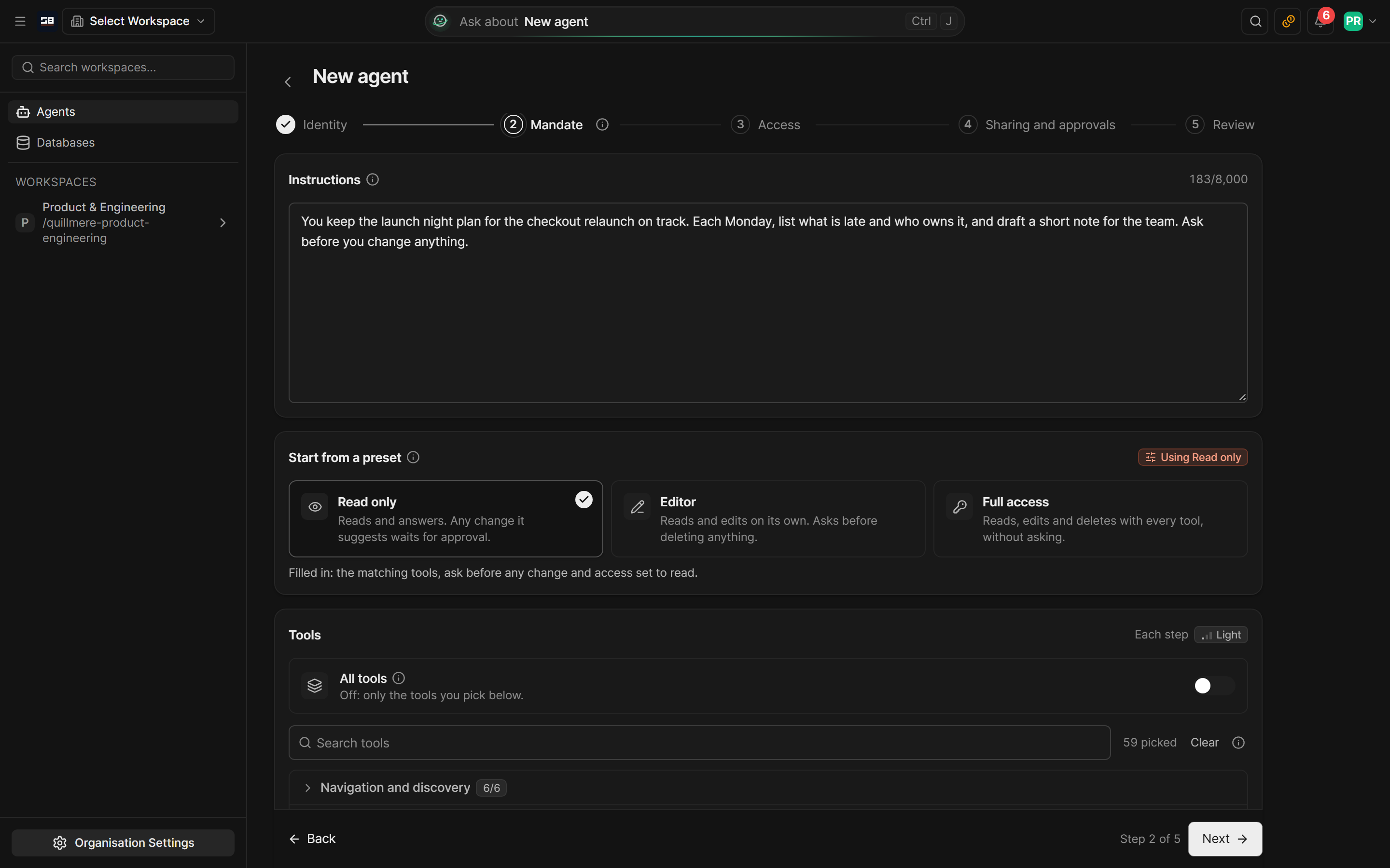 The new agent steps at Mandate: its instructions typed, the Read only preset chosen from three, and the tools the preset filled in