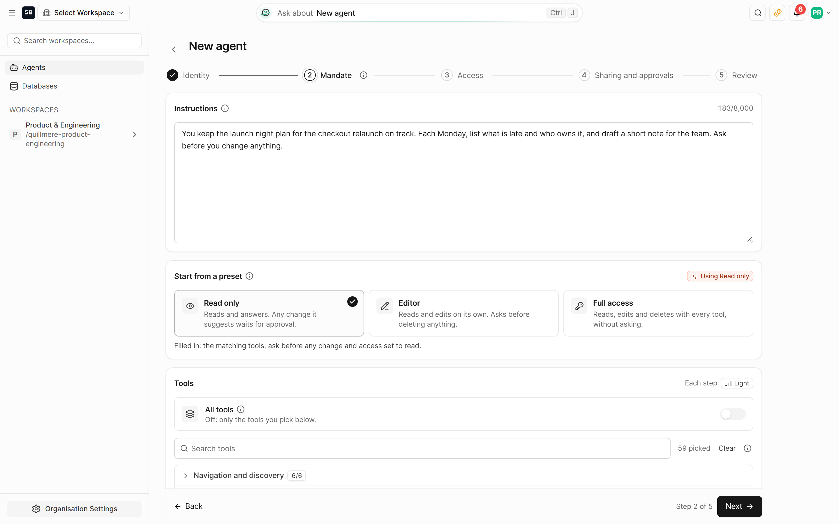 The new agent steps at Mandate: its instructions typed, the Read only preset chosen from three, and the tools the preset filled in