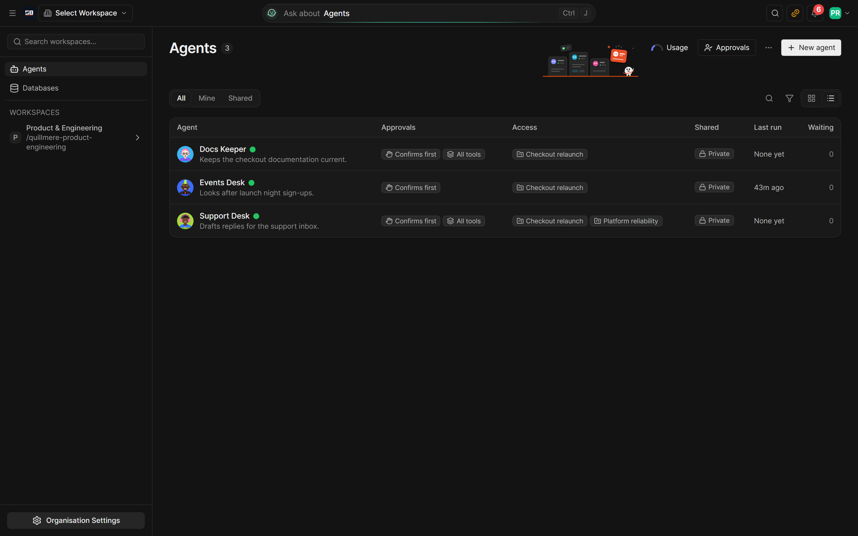 The Agents page listing the organisation's agents with their access, approvals and last run