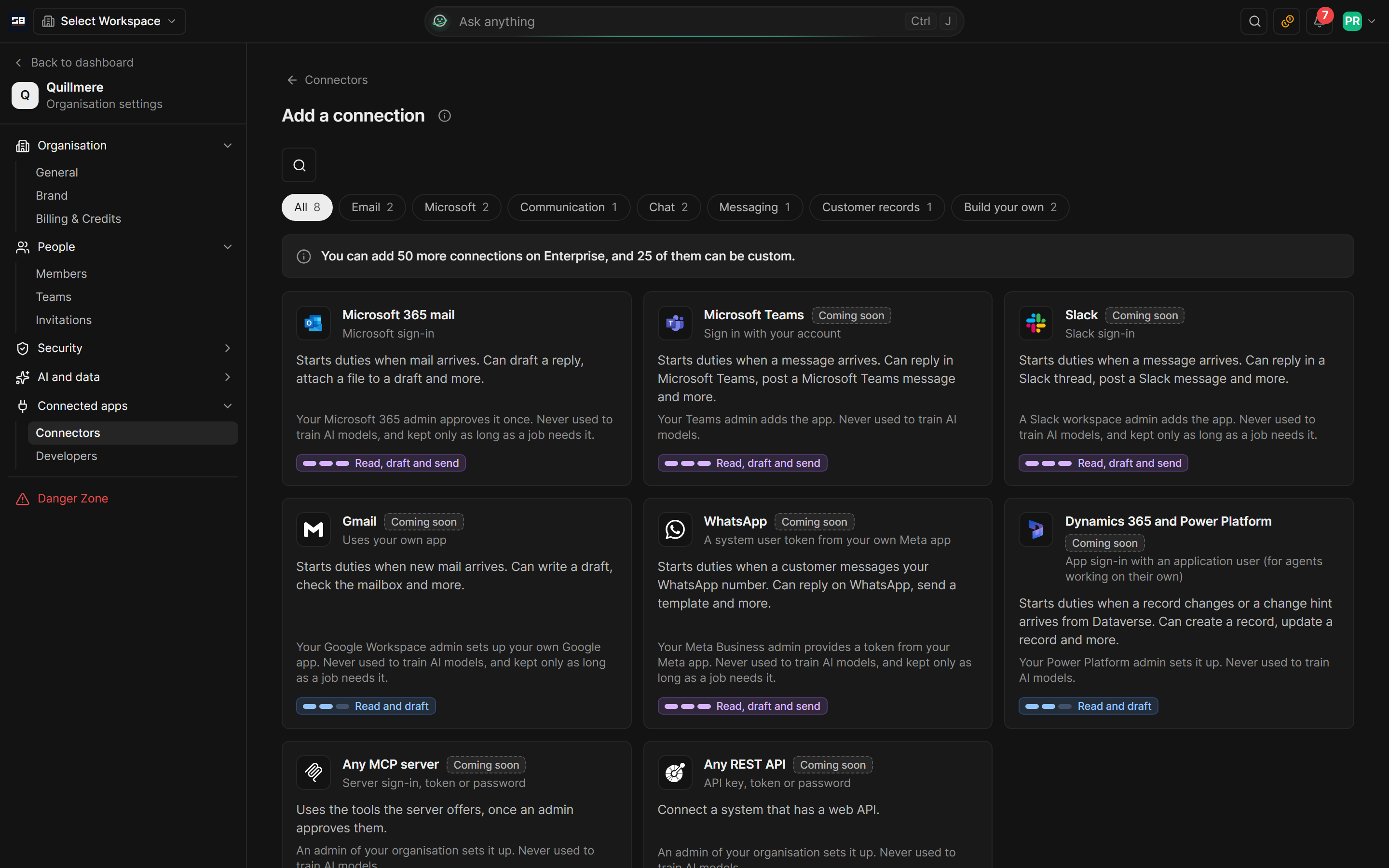 The catalogue of connectors when adding a connection, each card saying when it starts duties and what it can do: Microsoft 365 mail ready to connect, and Microsoft Teams, Slack and the other apps marked Coming soon