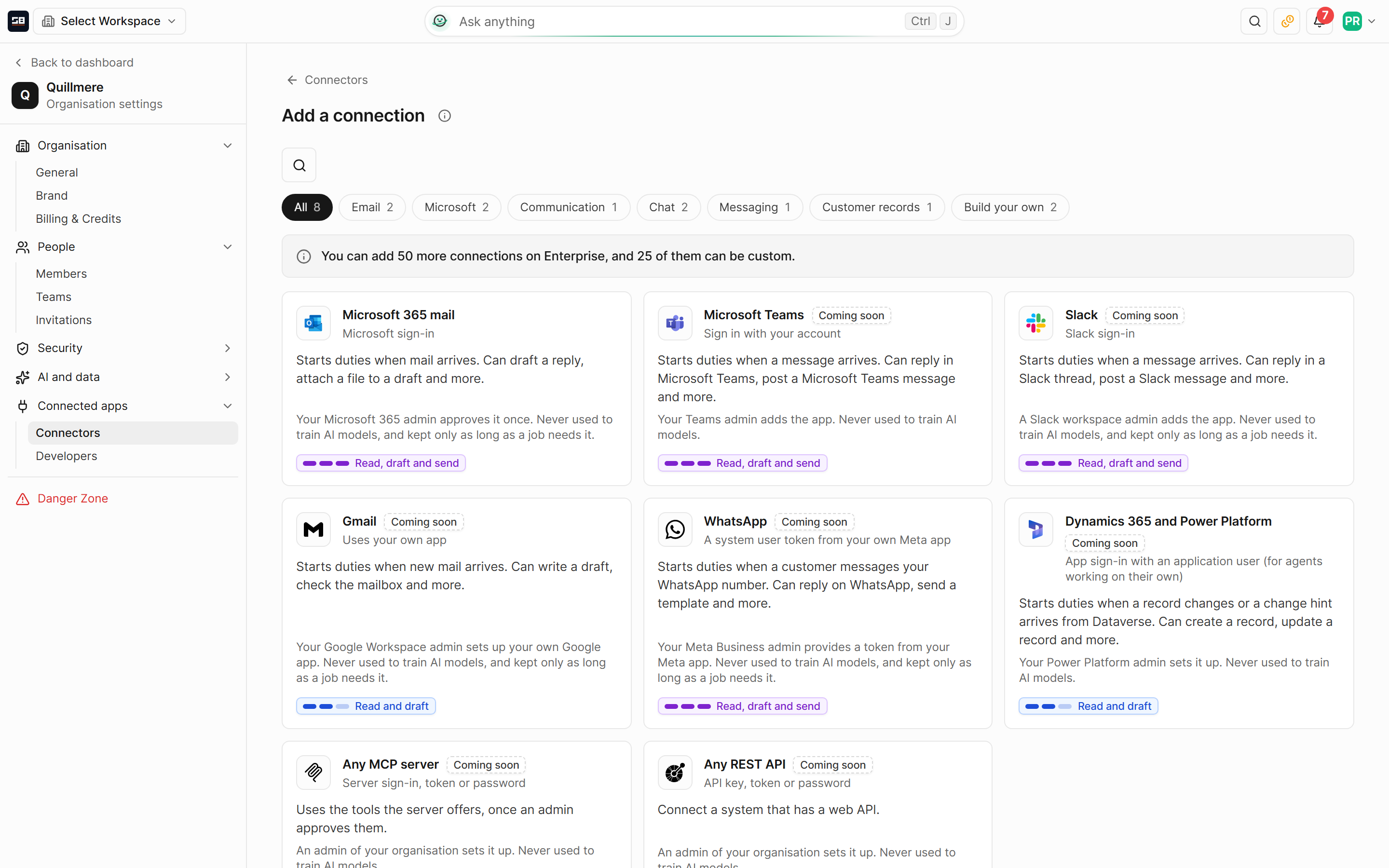 The catalogue of connectors when adding a connection, each card saying when it starts duties and what it can do: Microsoft 365 mail ready to connect, and Microsoft Teams, Slack and the other apps marked Coming soon