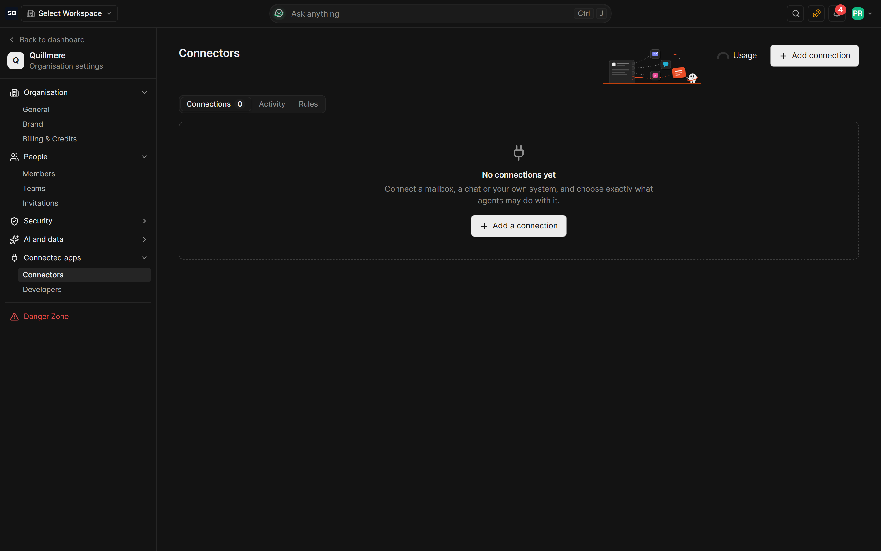 The Connectors page in organisation settings before anything is connected, with its Connections, Activity and Rules tabs and the button to add a connection
