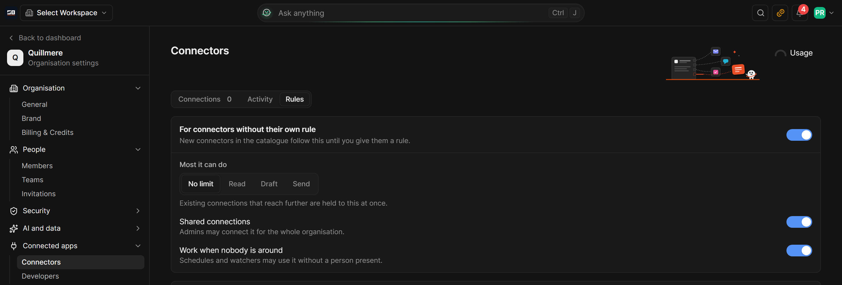 The Rules tab of Connectors, with the rule every connection follows by default: the most it can do, shared connections, and working when nobody is around