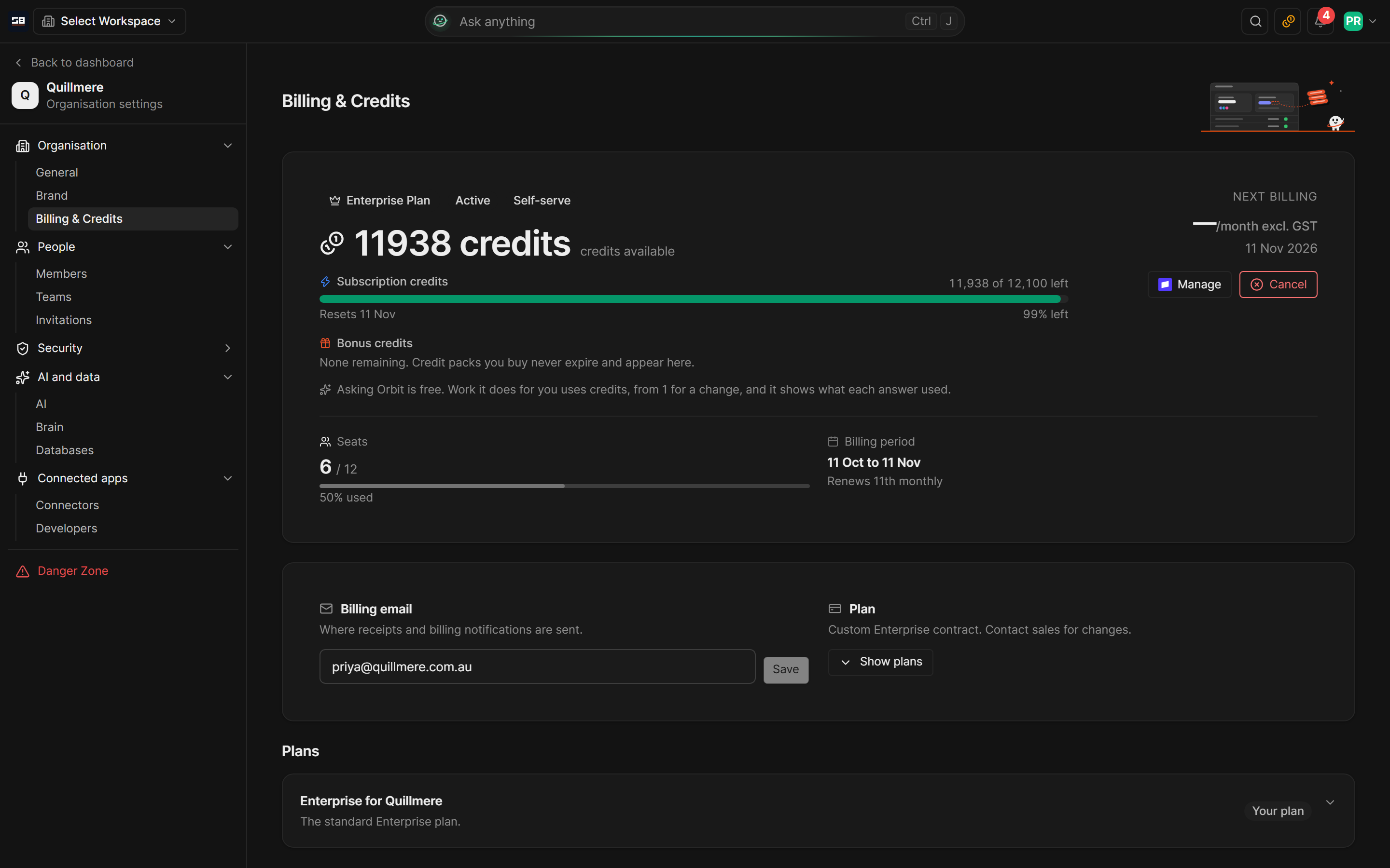 The Billing and Credits page with the credits available, the plan's allowance and when it resets, and the seats in use