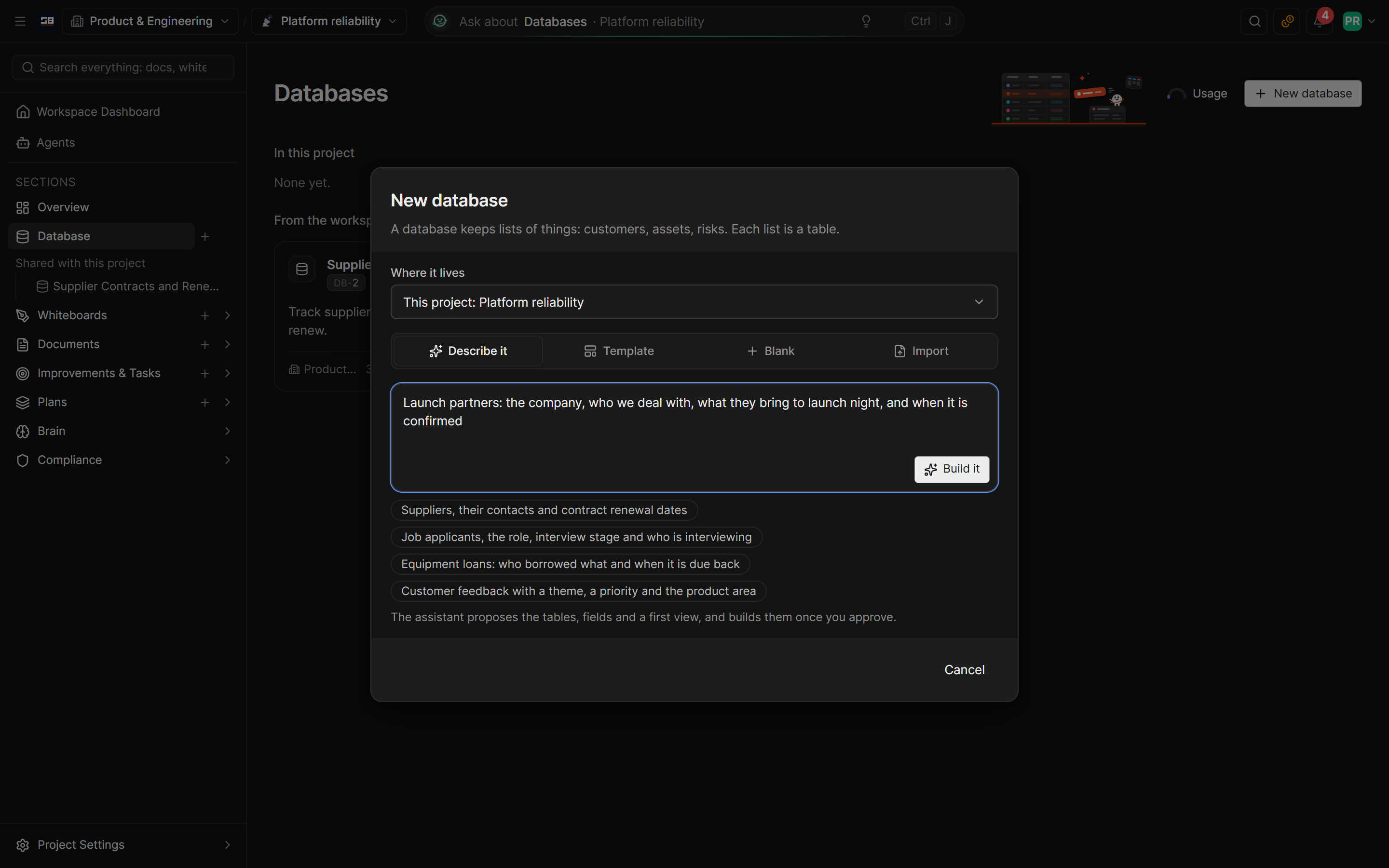 The New database dialog in a project: where the database lives, four ways to start (describe it, a template, blank or import), and a description typed for the AI to build
