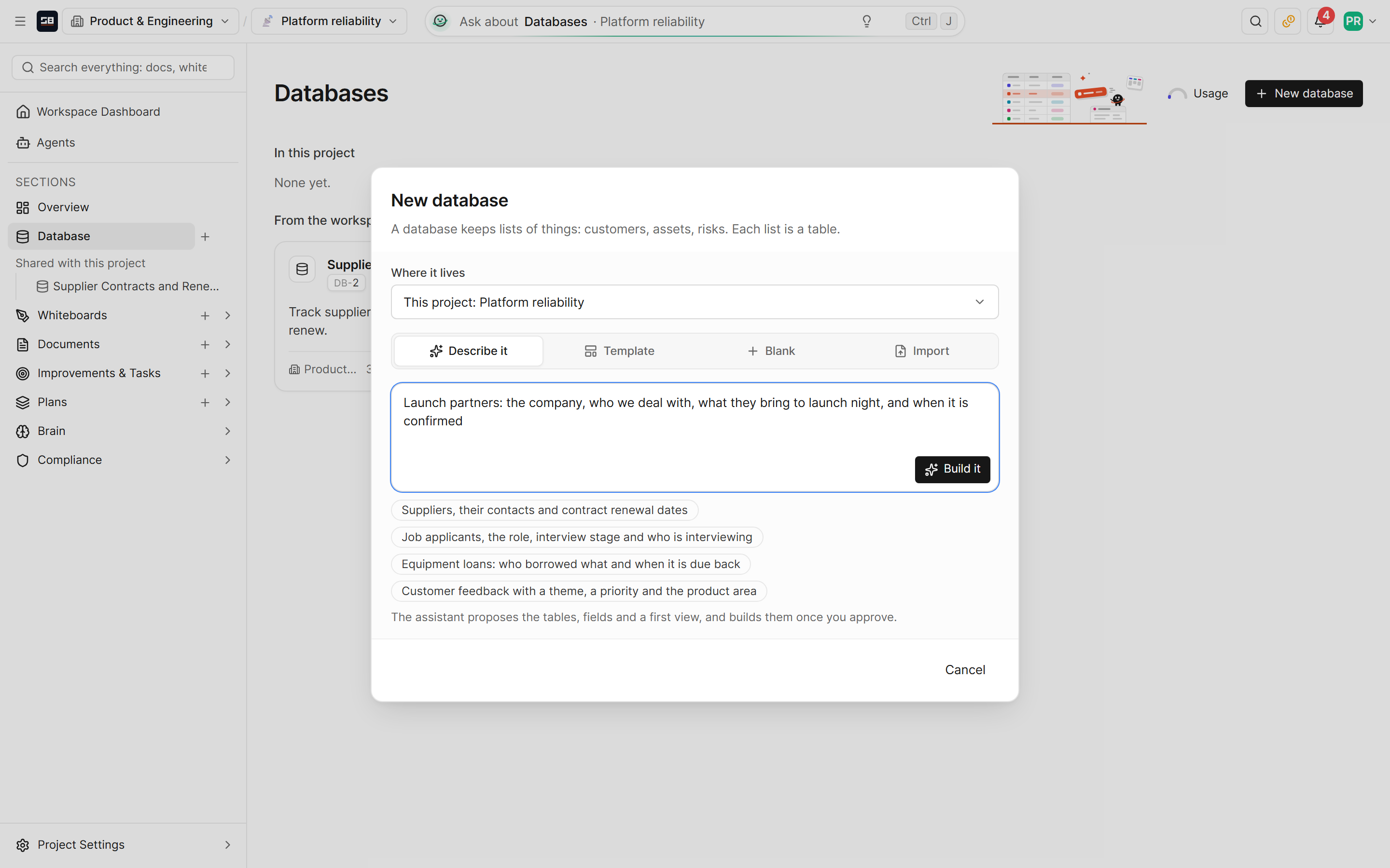 The New database dialog in a project: where the database lives, four ways to start (describe it, a template, blank or import), and a description typed for the AI to build