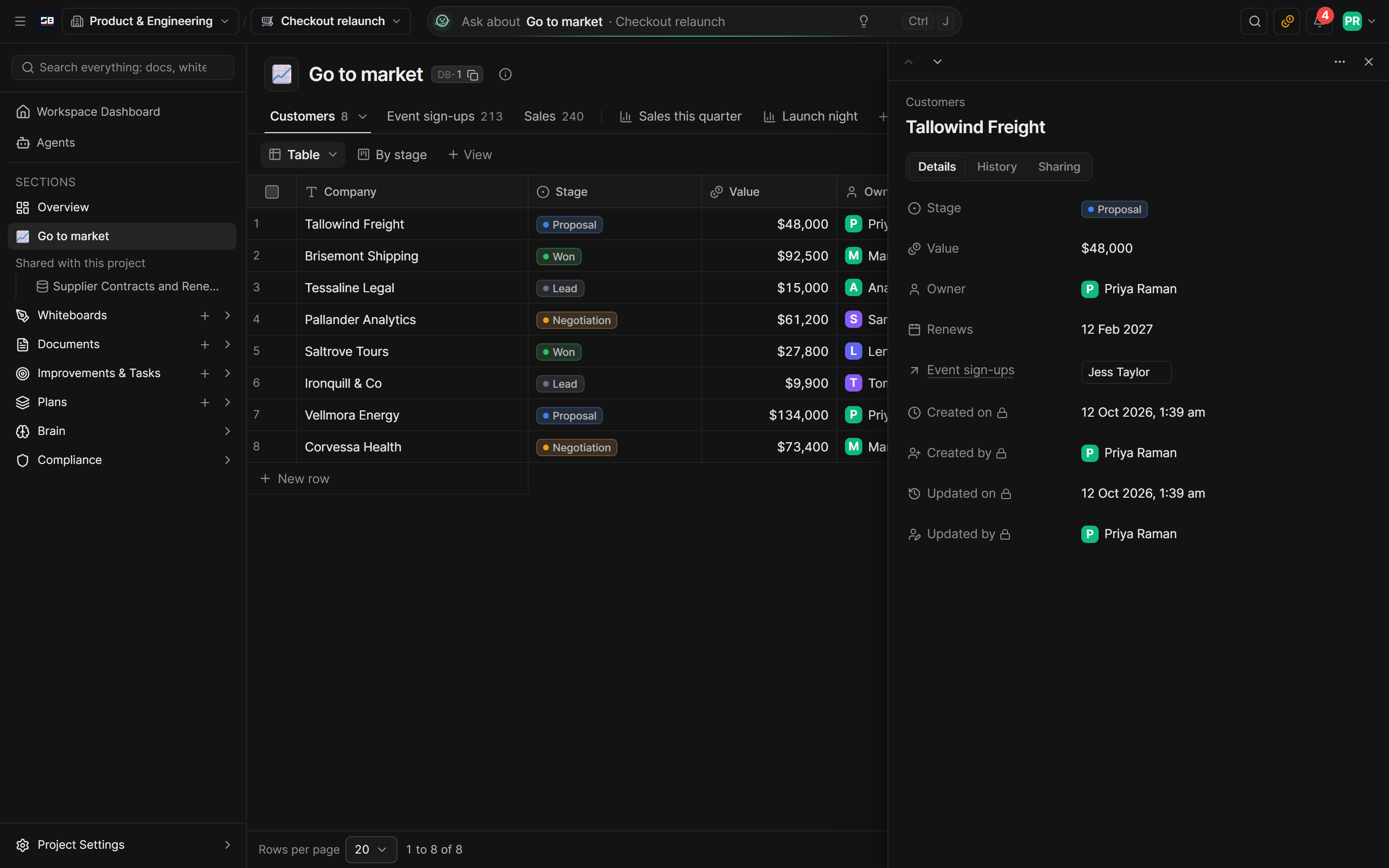 A customer row open in the side panel, showing its fields, the rows that link to it and its history tab