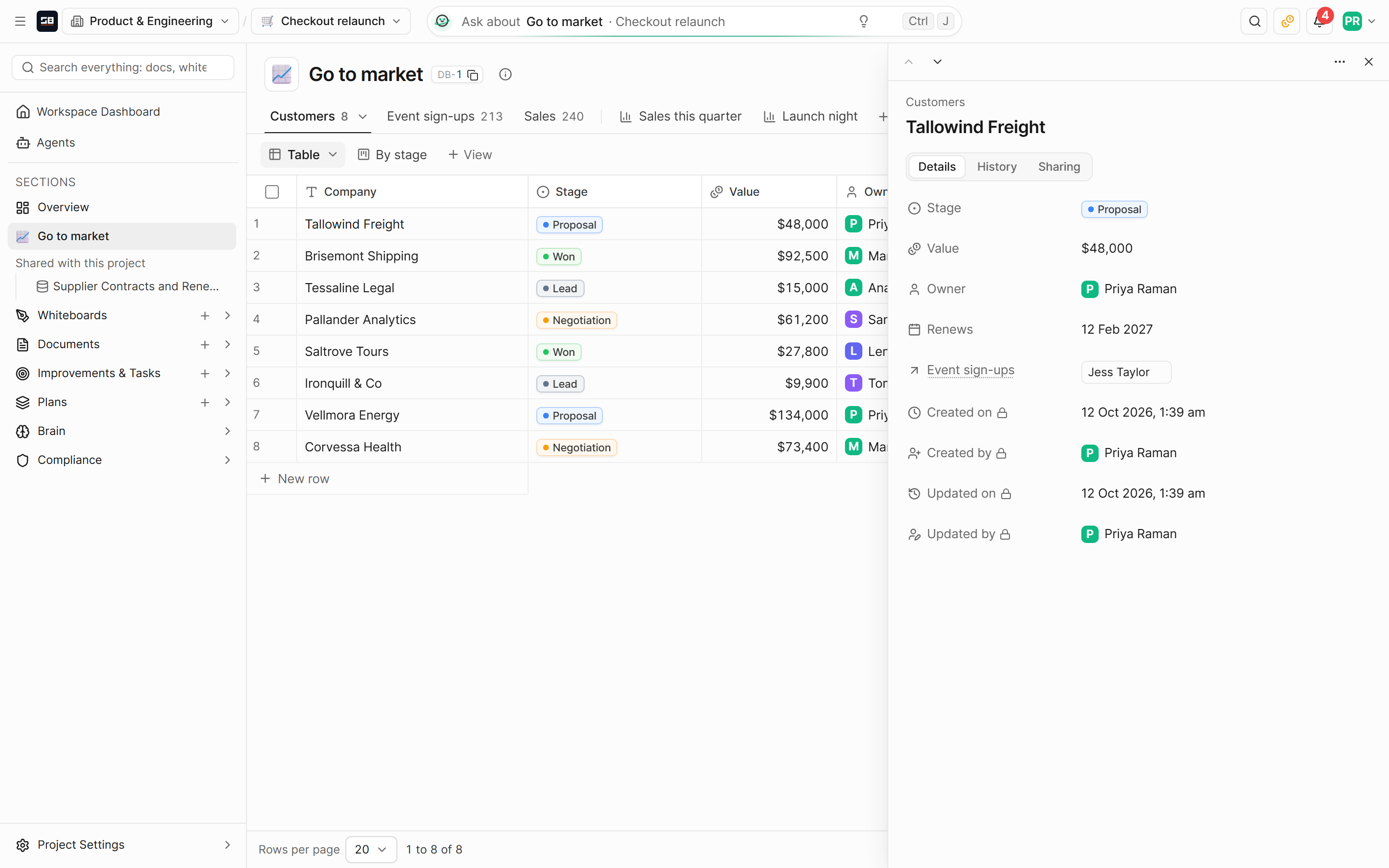 A customer row open in the side panel, showing its fields, the rows that link to it and its history tab
