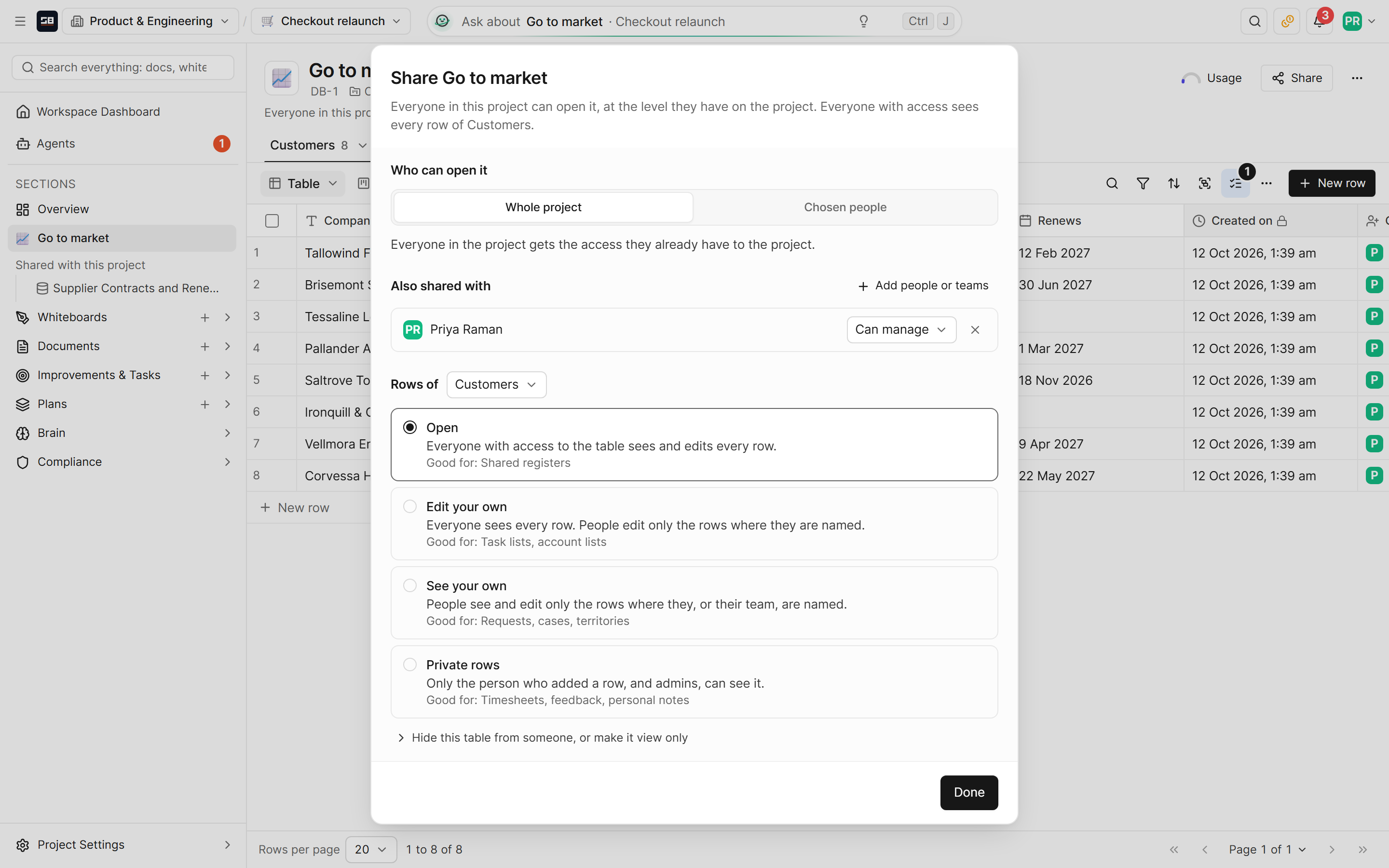 The Share dialog for a database, choosing the whole project or chosen people, with levels for each