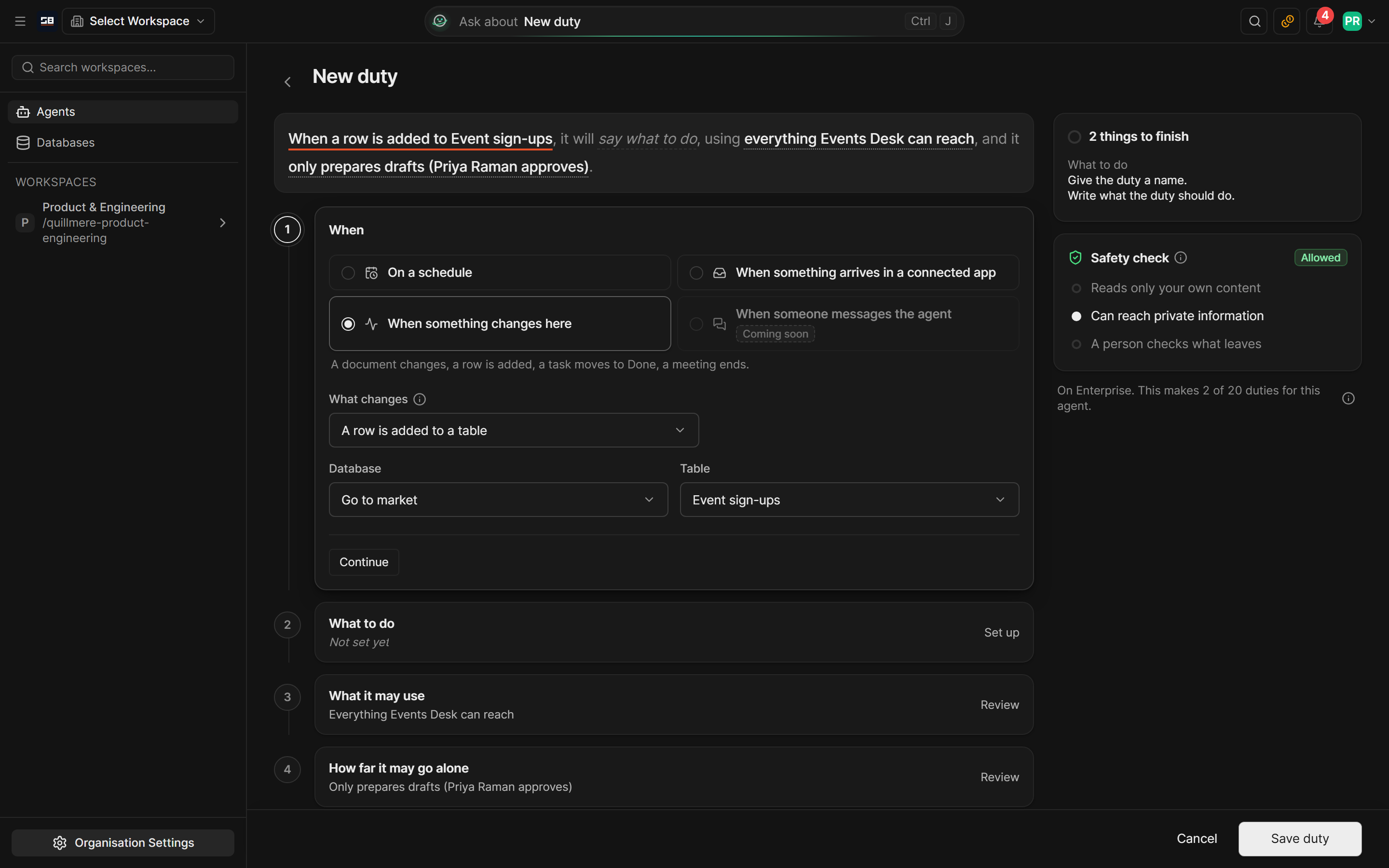 A new duty for the Events Desk agent that starts when a row is added to the Event sign-ups table