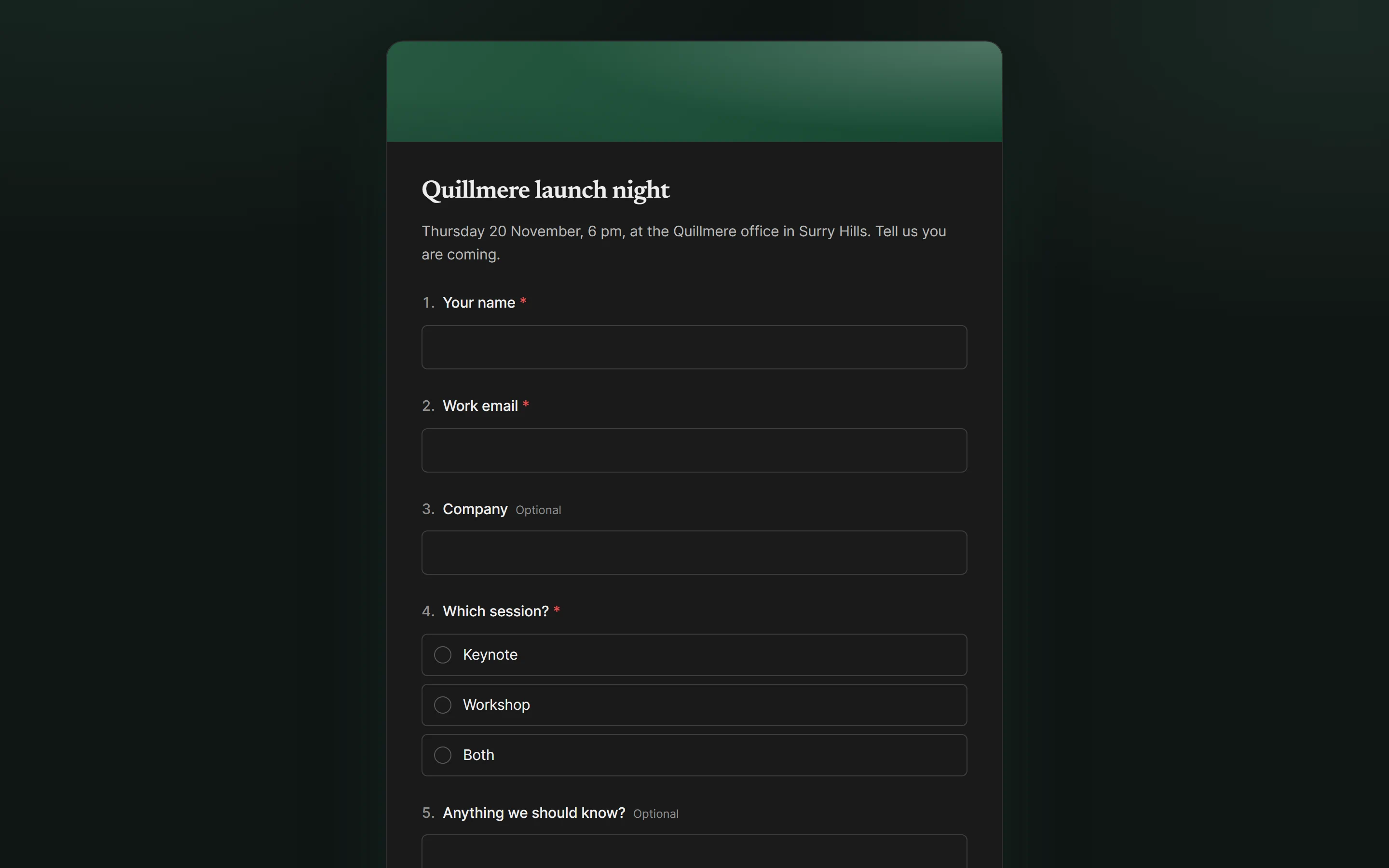 A public form page in Quillmere's brand, inviting people to the launch night, with fields for name, email, company and session