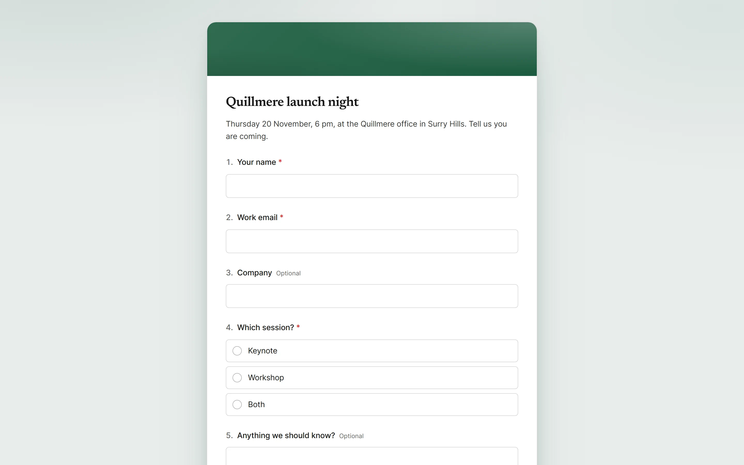 A public form page in Quillmere's brand, inviting people to the launch night, with fields for name, email, company and session