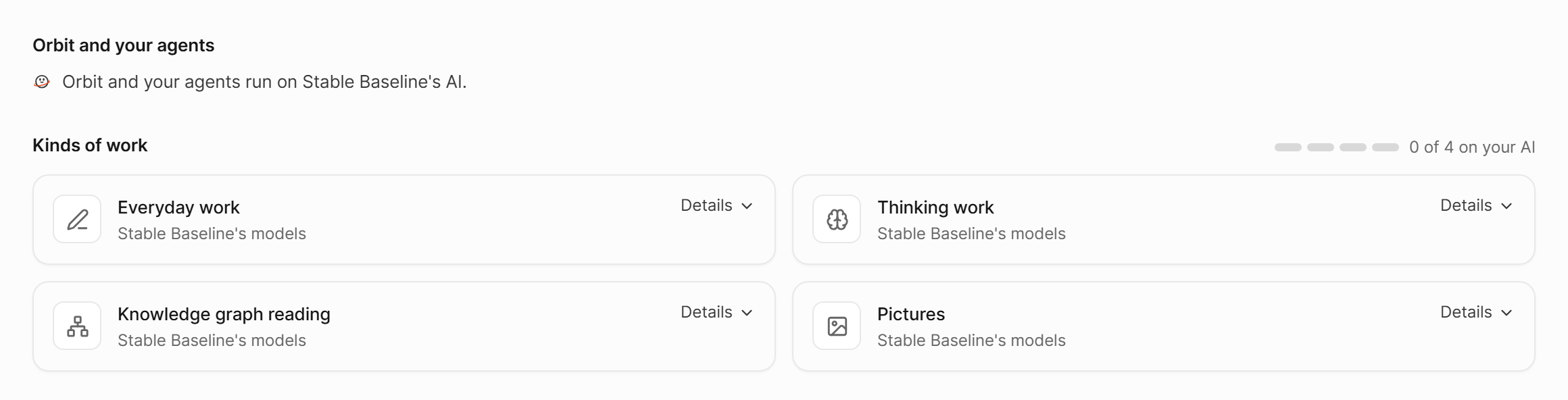The kinds of work section, listing everyday work, thinking work, knowledge graph reading and pictures, each with the AI it runs on