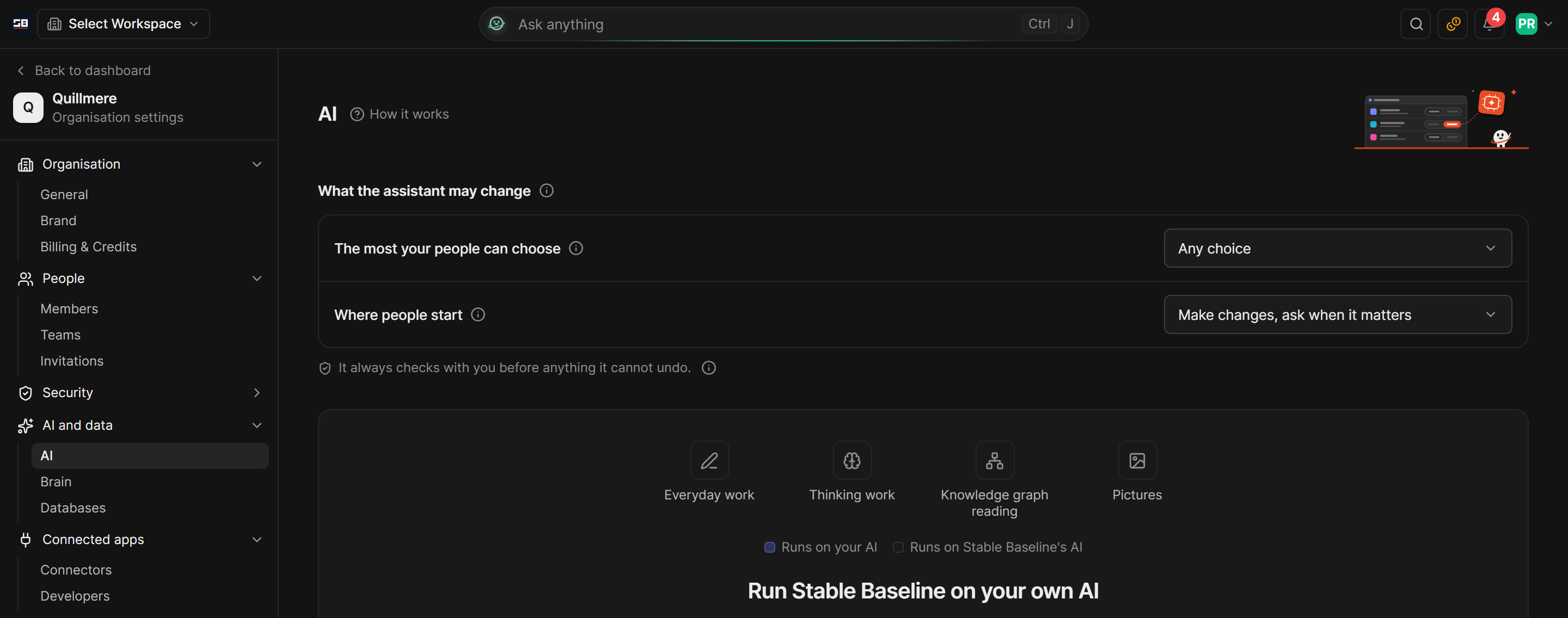 The AI page of organisation settings, with what the assistant may change and the card to run Stable Baseline on your own AI