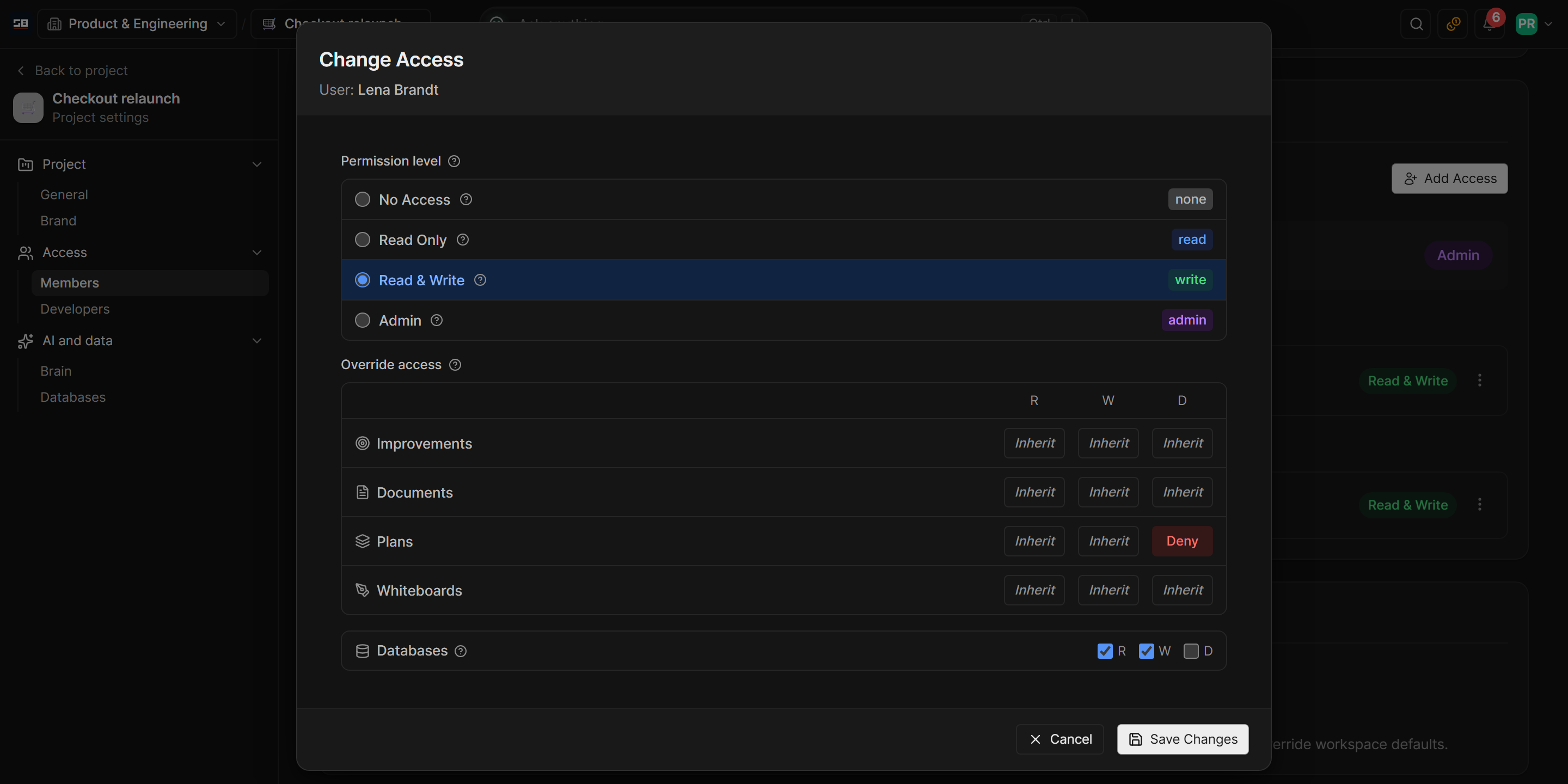 Changing one person's access to the Checkout relaunch project: the permission level, the overrides for improvements, documents, plans and whiteboards, and the Databases row with its own read, write and delete