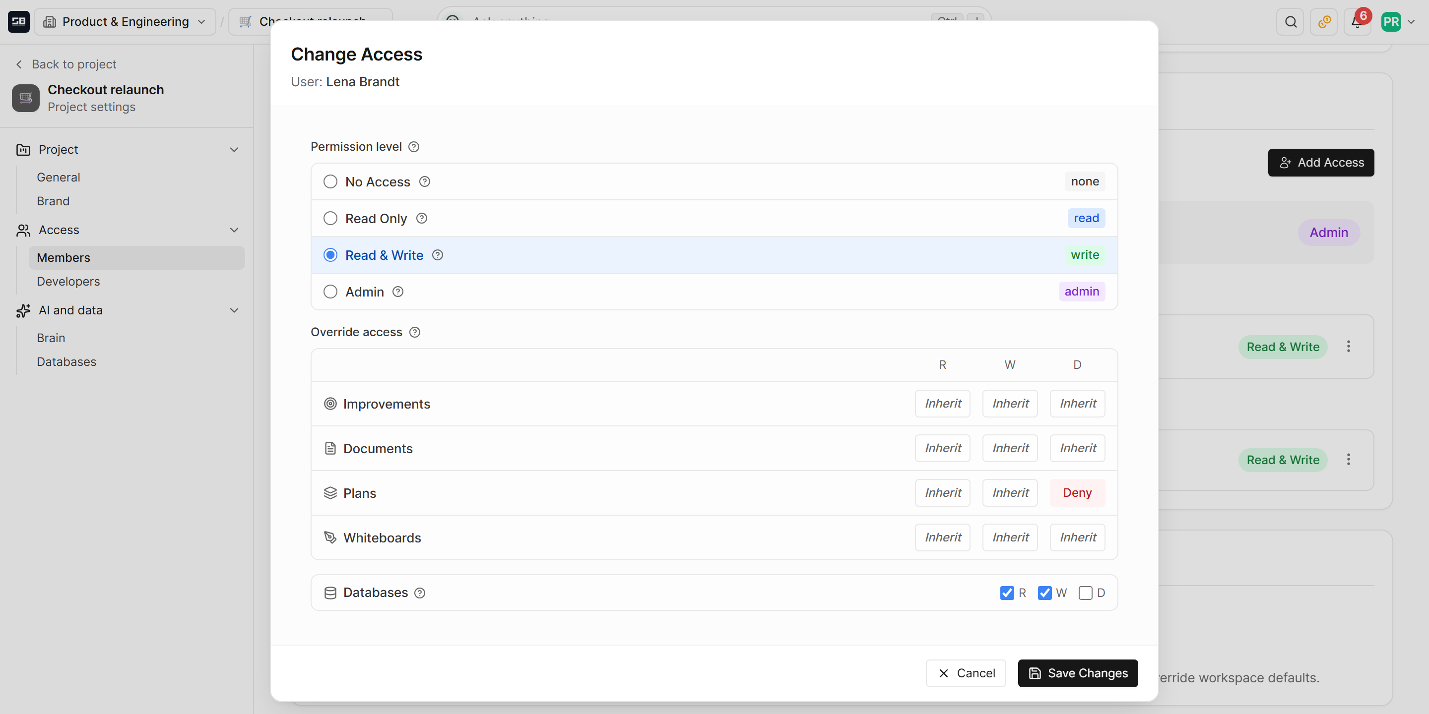 Changing one person's access to the Checkout relaunch project: the permission level, the overrides for improvements, documents, plans and whiteboards, and the Databases row with its own read, write and delete