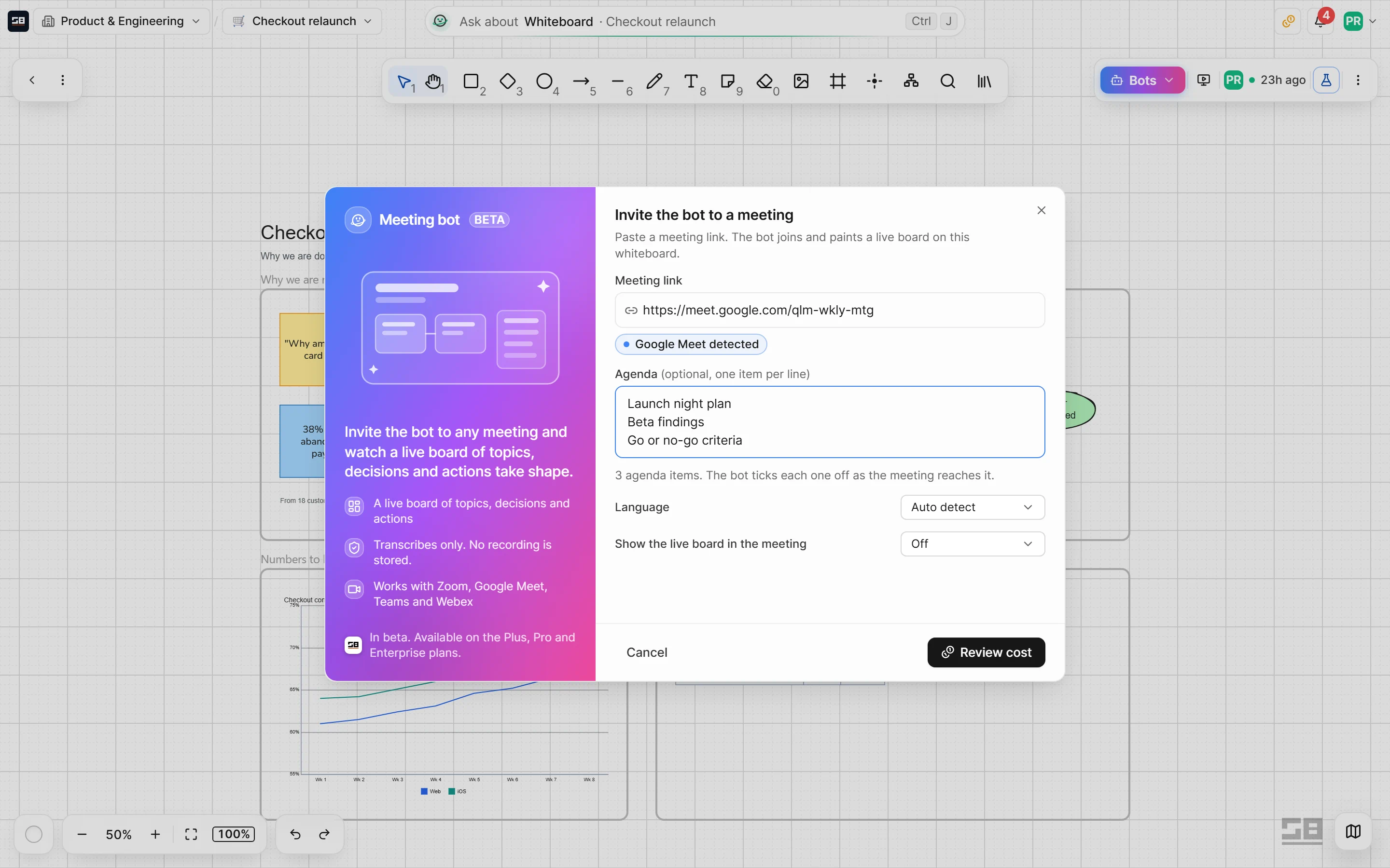 The invite dialog with the meeting link, an agenda, the language and how the meeting sees the board